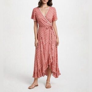 Poupette St Barth Joe Maxi Dress Wrap Style Orange Floral Ruffle Women’s Small